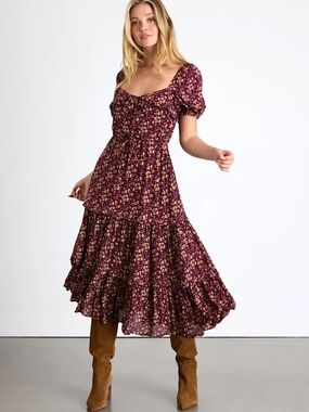 Lulu's Adorable Ideal Burgundy Floral Print Tiered Ruffled Midi Dress